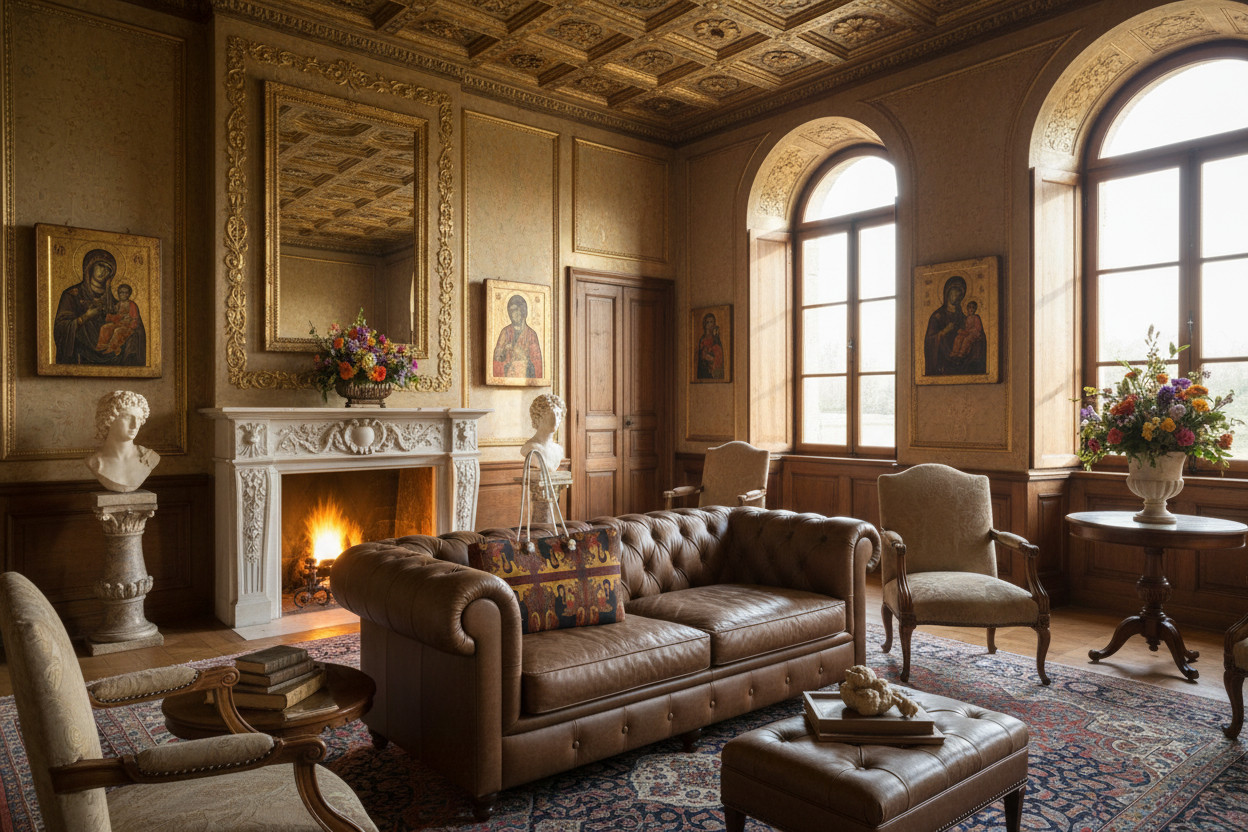 Madonna and Child - Leather Sofa with Icons