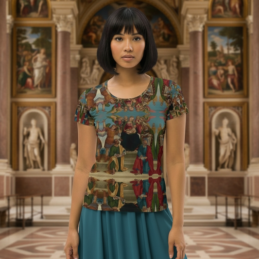 Madonna and Child Renaissance shirt untucked over long teal blue skirt