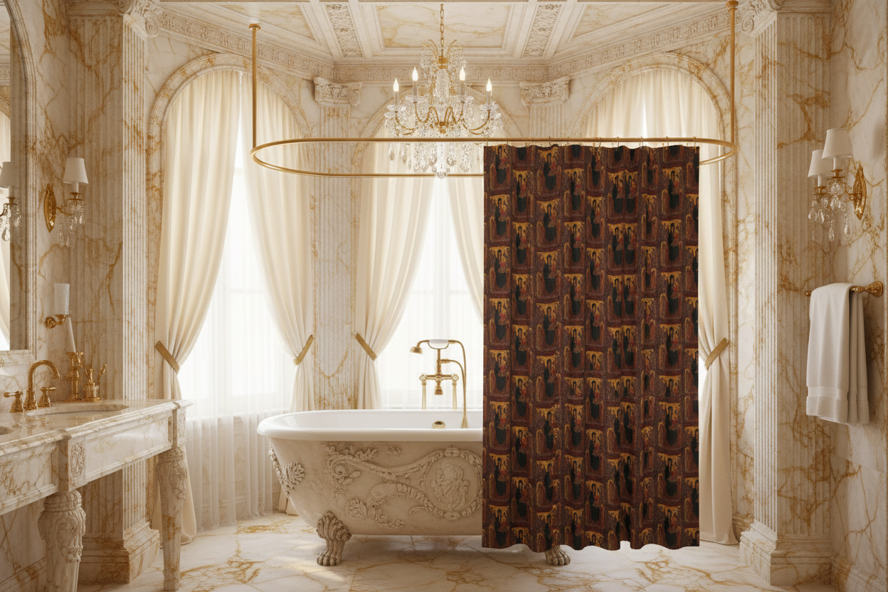 Madonna and Child shower curtain with carved bathtub in gold and cream marble bathroom