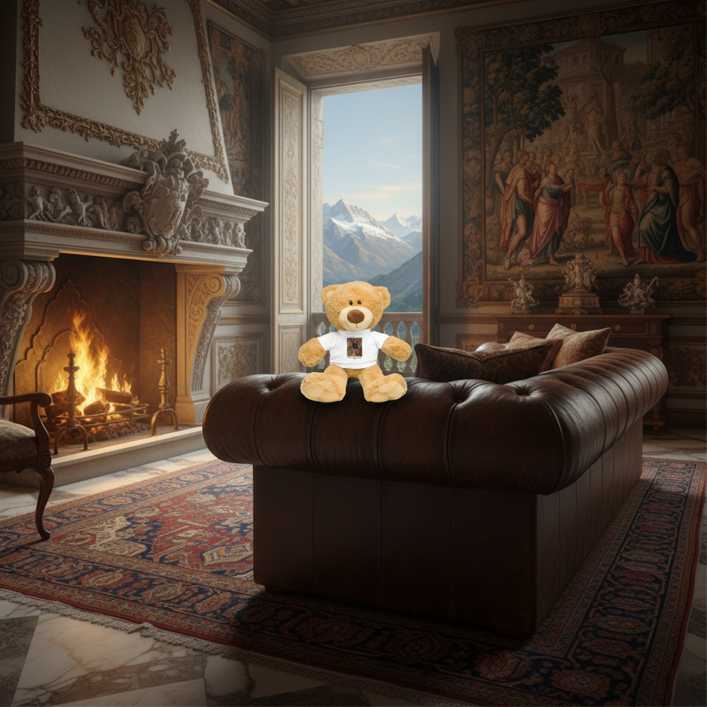 Madonna and Child teddy bear in cozy lived-in Renaissance room with wool rug