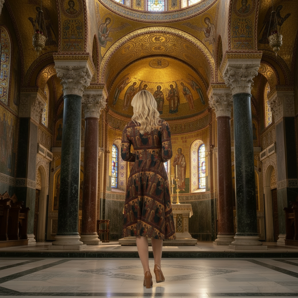 Madonna and Child with Saint John the Baptist dress back view with Byzantine background