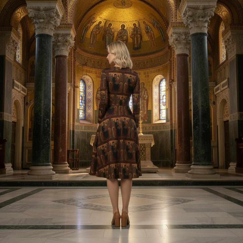 Madonna and Child with Saint John the Baptist dress back view with Byzantine background