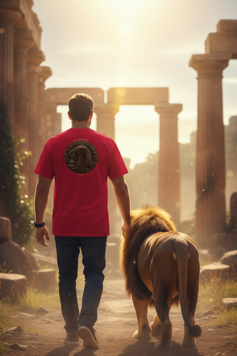 Man in red shirt leading lion - bright vibrant version