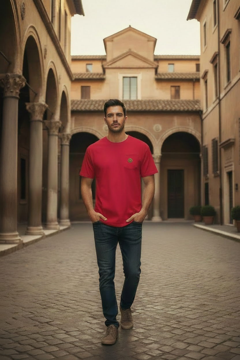 Man in Red Tee with Exact Pocket Emblem