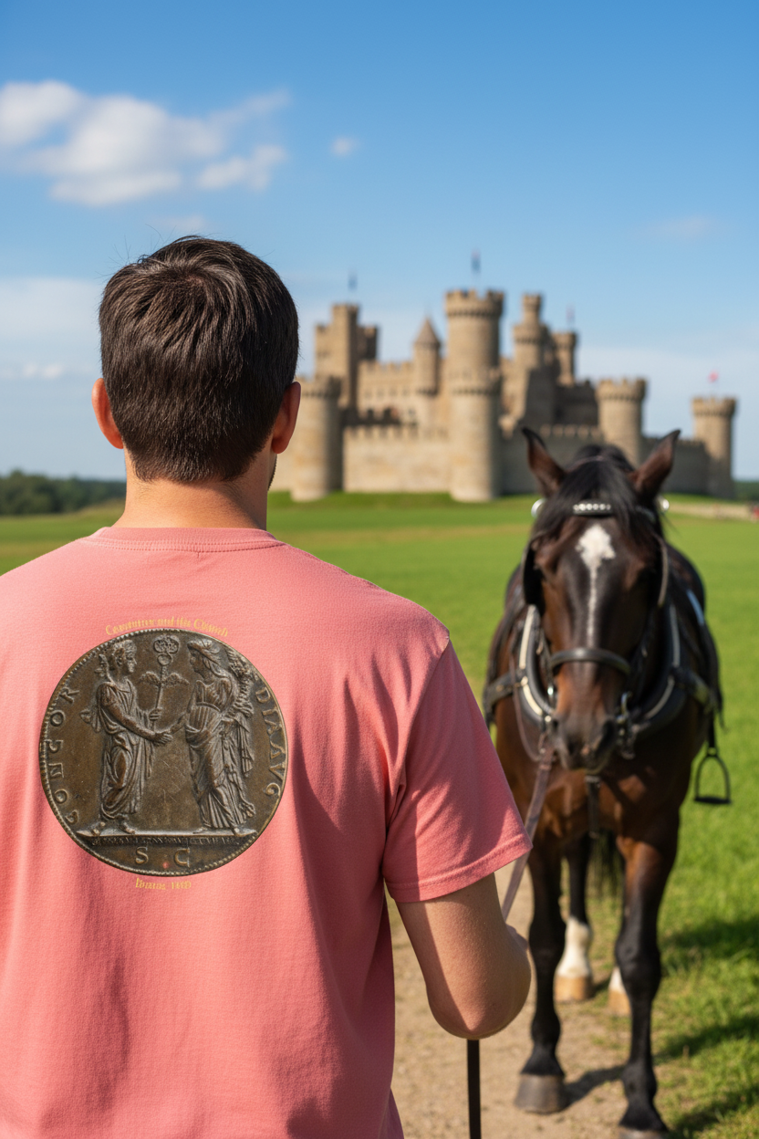 Man in watermelon shirt leading horse toward castle - back view