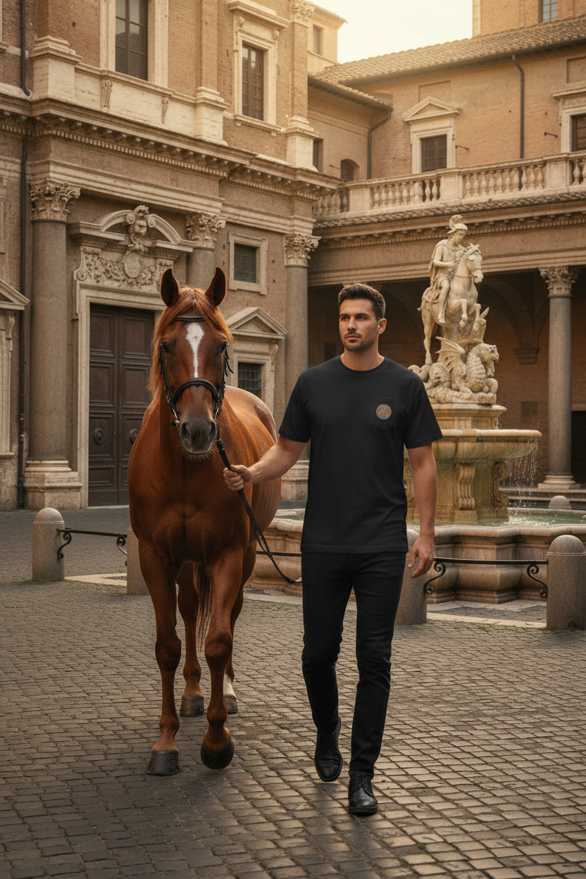 Man leading horse toward camera, showing front of Saint George t-shirt with proper horse proportions
