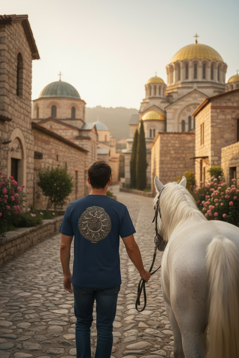 Man leading one white horse - close-up back view