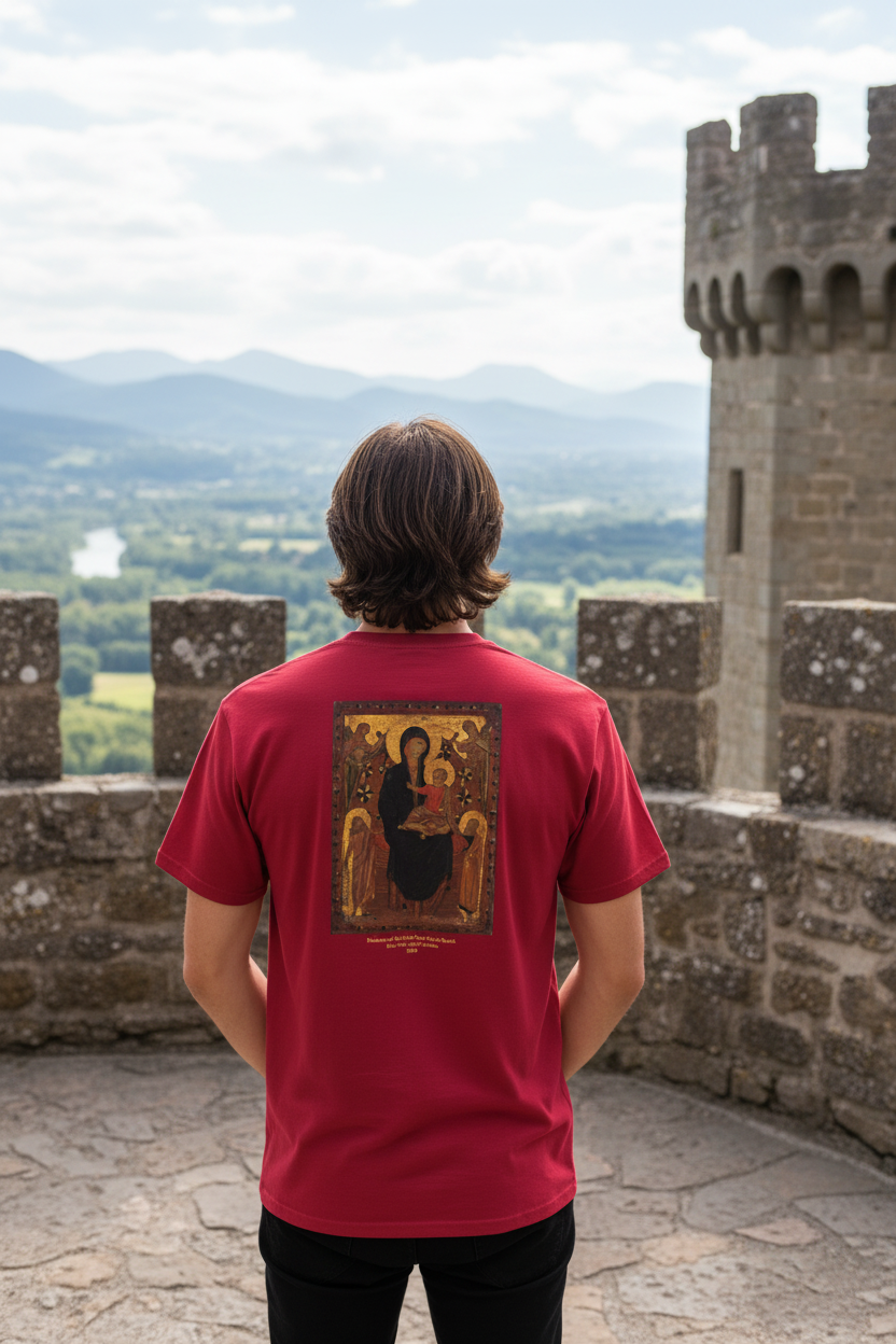 Man on castle terrace - back view showing Byzantine design
