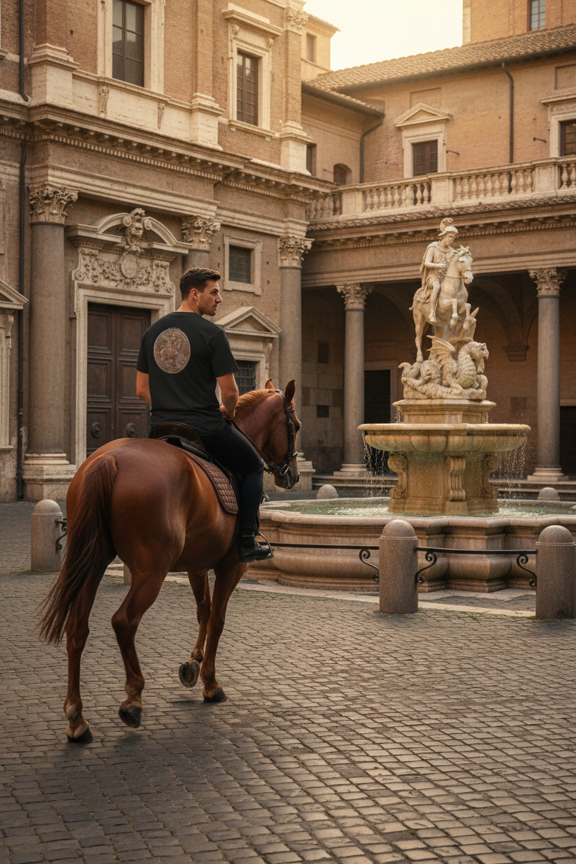 Man on horseback wearing Saint George and the Dragon t-shirt - back view in Roman town courtyard with statue and fountain