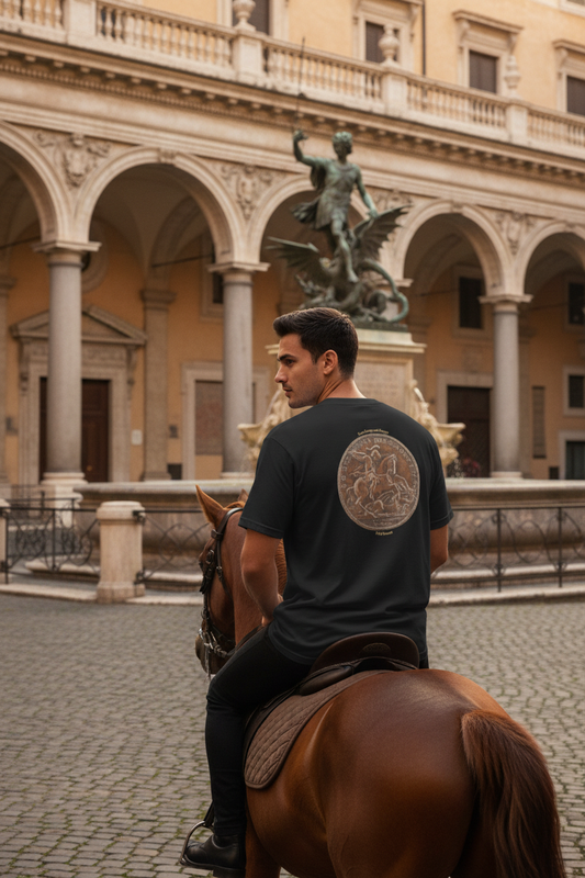 Man on horseback wearing Saint George and the Dragon t-shirt - closer back view in Roman town courtyard