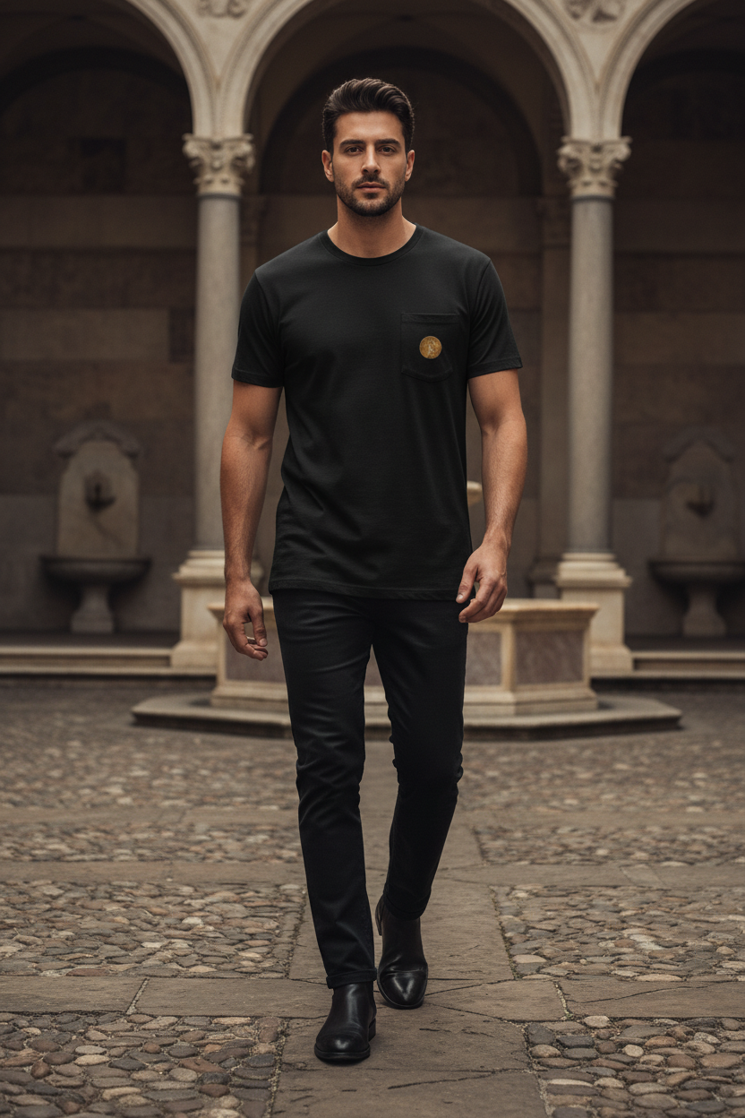 Man wearing black Minerva t-shirt front view walking toward camera