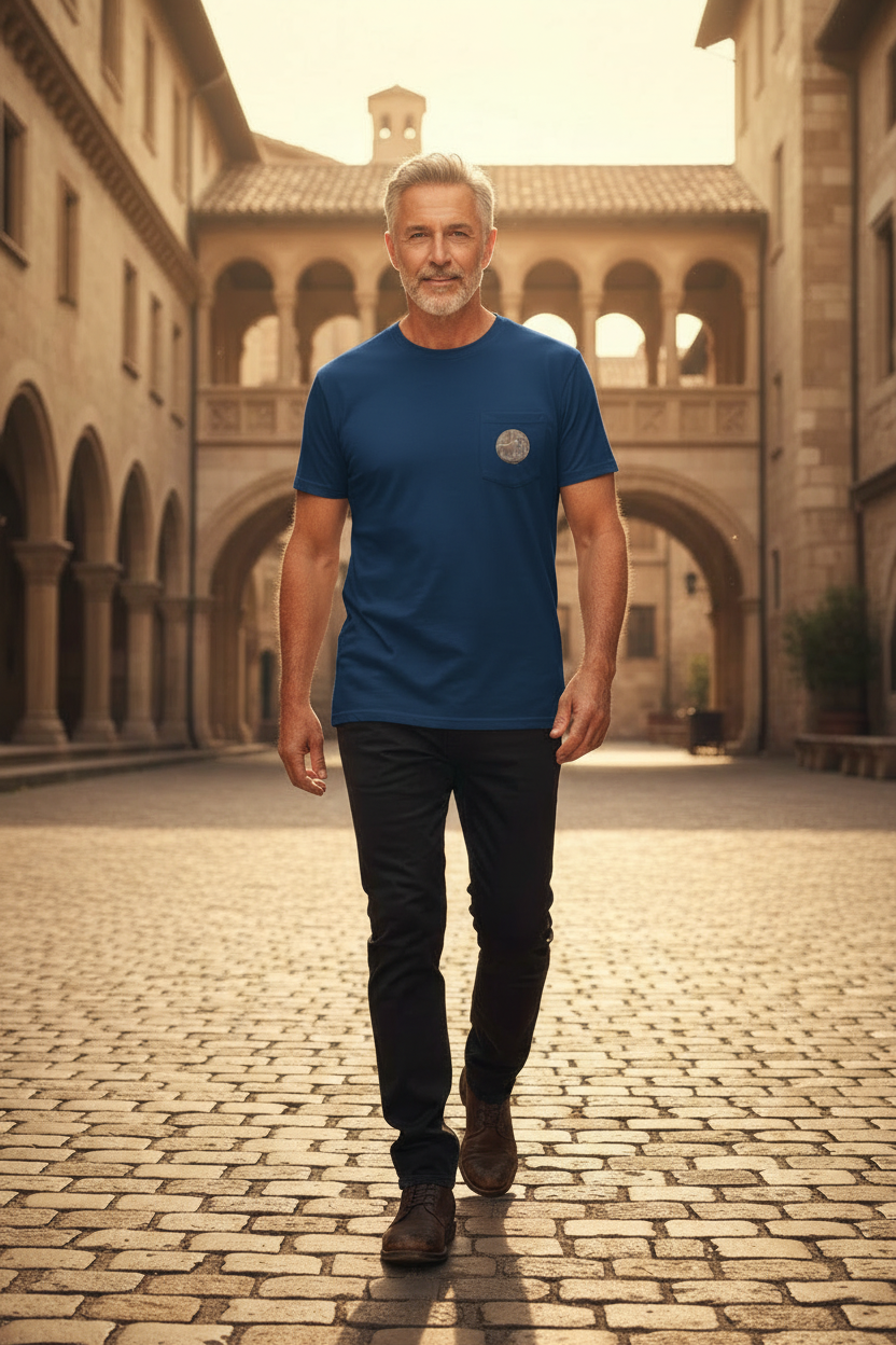 Man wearing blue Lion Being Taught by Cupid to Sing t-shirt with classy black slacks and shoes - front view walking toward camera in Roman courtyard