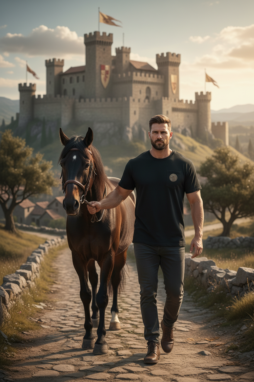 Man wearing Charger, Books and Sword t-shirt - front view walking toward camera leading horse