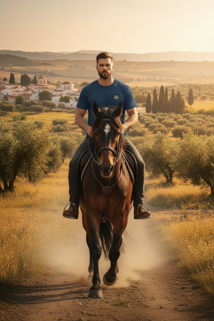 Man wearing Christ Blessing t-shirt - front view riding horse toward camera with countryside and ancient village in distance