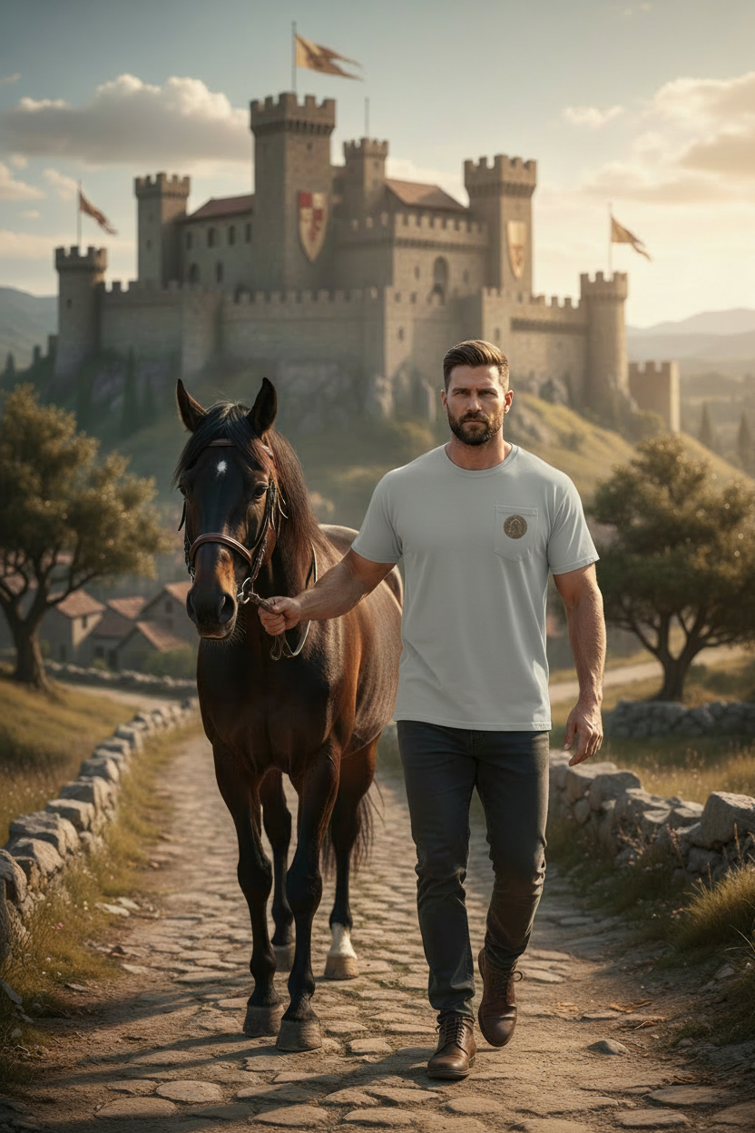 Man wearing Jesus Christ t-shirt - front view walking toward camera leading horse with similar background