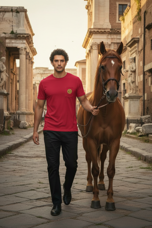 Man wearing red Christ Rising From the Tomb t-shirt with classy black slacks and shoes - front view leading horse toward camera in Roman courtyard