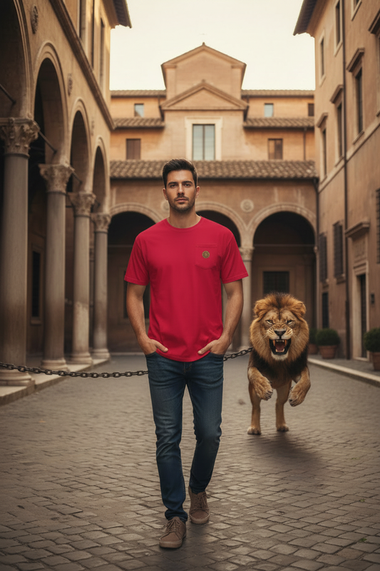 Man wearing red Rampant Lion on a Chain t-shirt with classy black slacks and shoes - front view walking toward camera in Roman courtyard with lion jumping but held by one chain