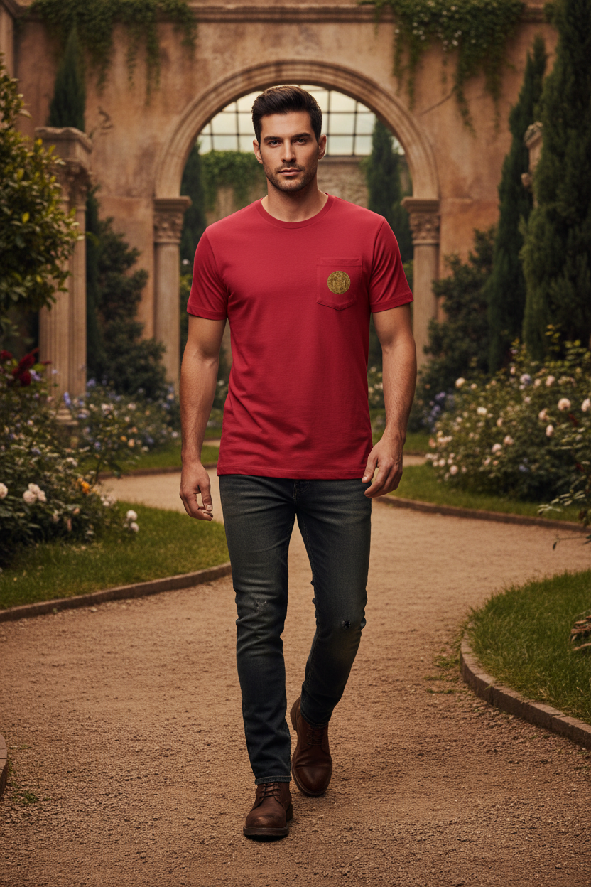 Man wearing red Shield Surmounted by an Eagle t-shirt front view