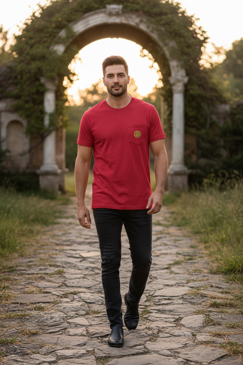 Man wearing red Shield Surmounted by an Eagle t-shirt with correct design size