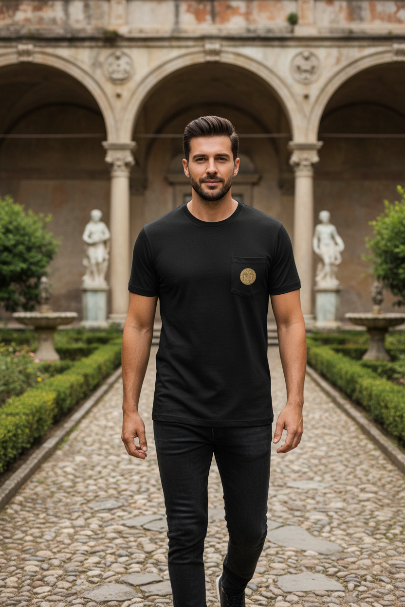 Man wearing Shield Surmounted by an Eagle t-shirt front view