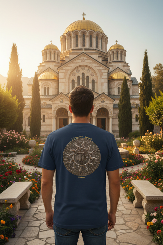 Man wearing Trigram IHS t-shirt - back view with exact product design in Byzantine garden