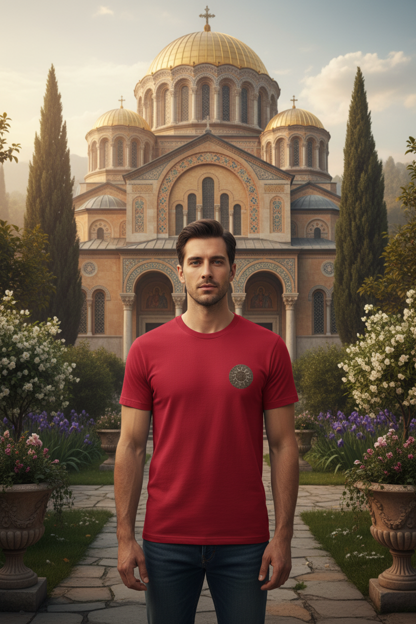 Man wearing Trigram IHS t-shirt with smaller back print - in Byzantine garden outside cathedral
