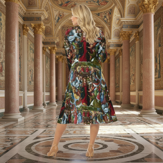 Mary, Queen of Heaven dress back view with Renaissance background