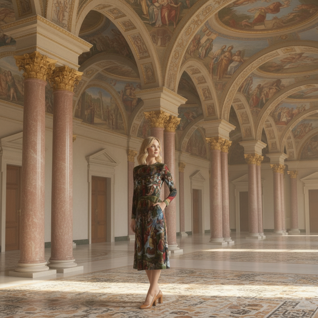 Mary, Queen of Heaven dress side view with Renaissance background