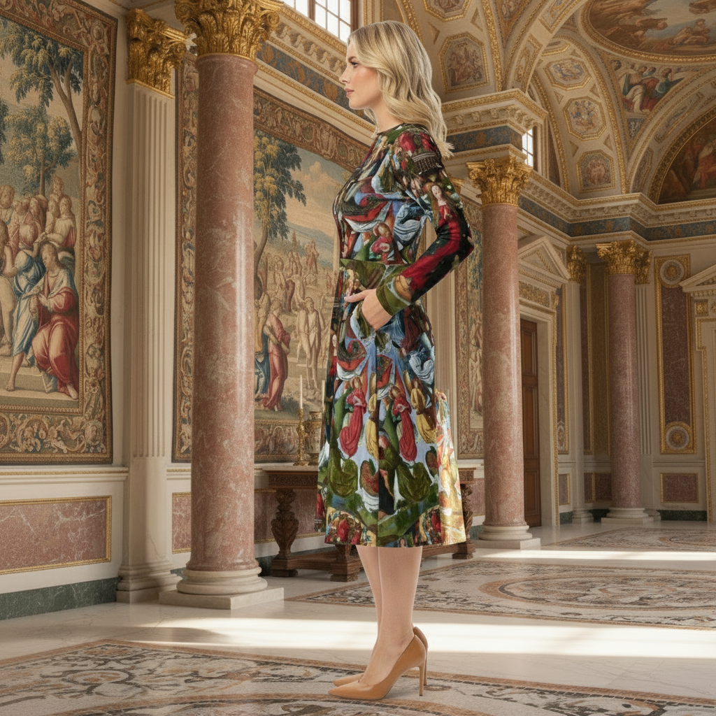 Mary, Queen of Heaven dress side view with Renaissance background
