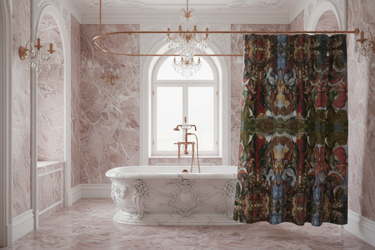 Mary, Queen of Heaven shower curtain with carved tub in pink and mauve marble bathroom