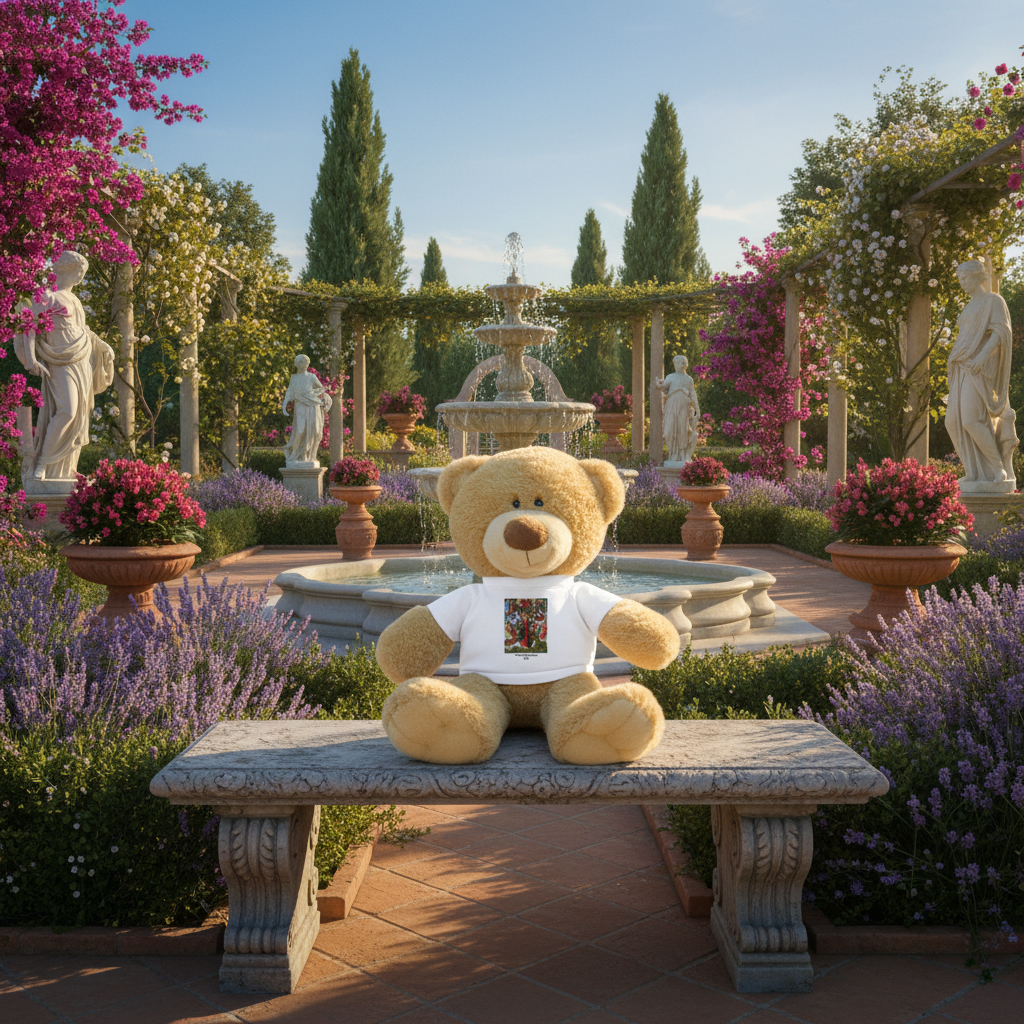 Mary, Queen of Heaven teddy bear on ornate bench in Mediterranean garden