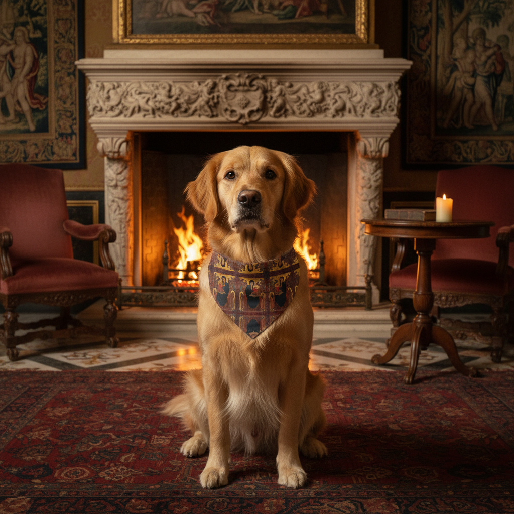 Medium-sized dog wearing Madonna and Child bandana in Renaissance palace by fireplace