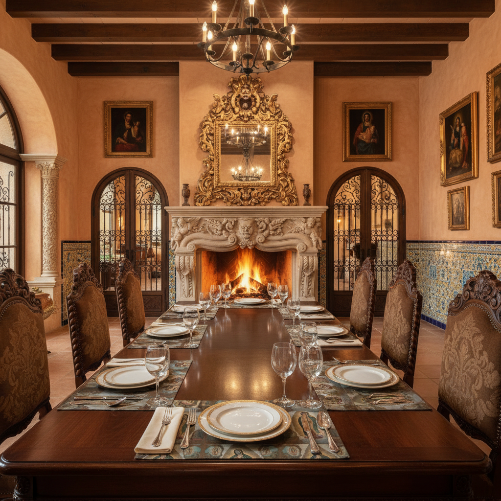 Mexican Renaissance home with prominent Virgin of Guadalupe placemats and fireplace