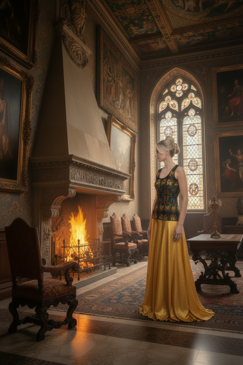 Model at angle looking into roaring fireplace