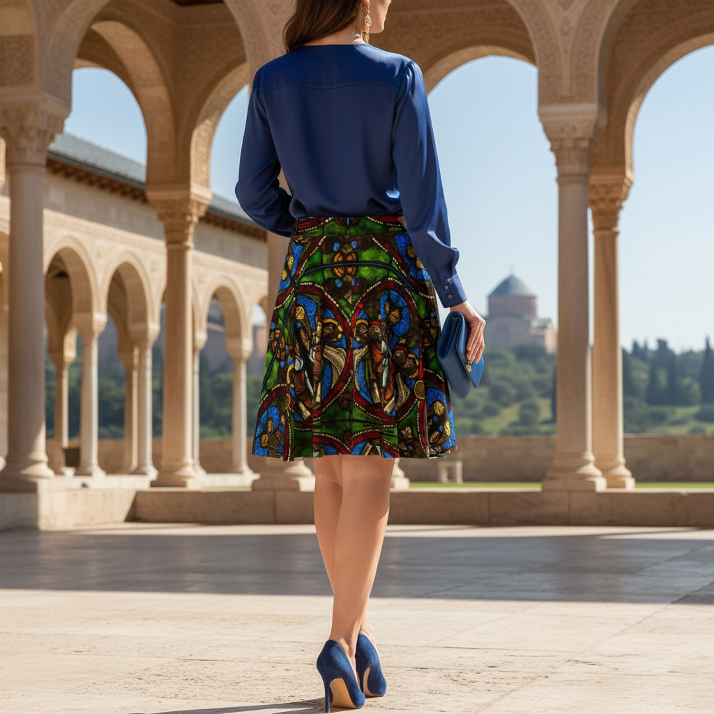 Model back view in Byzantine courtyard