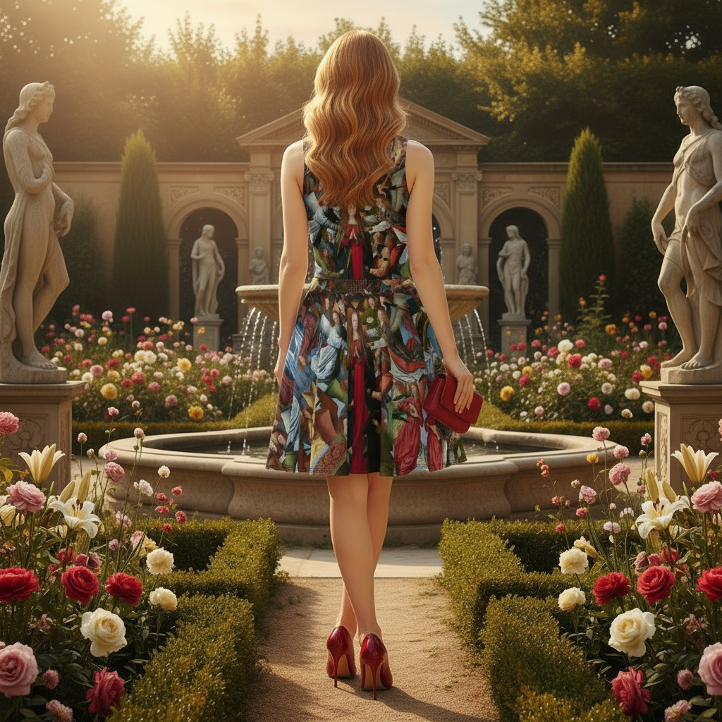 Model back view in renaissance garden