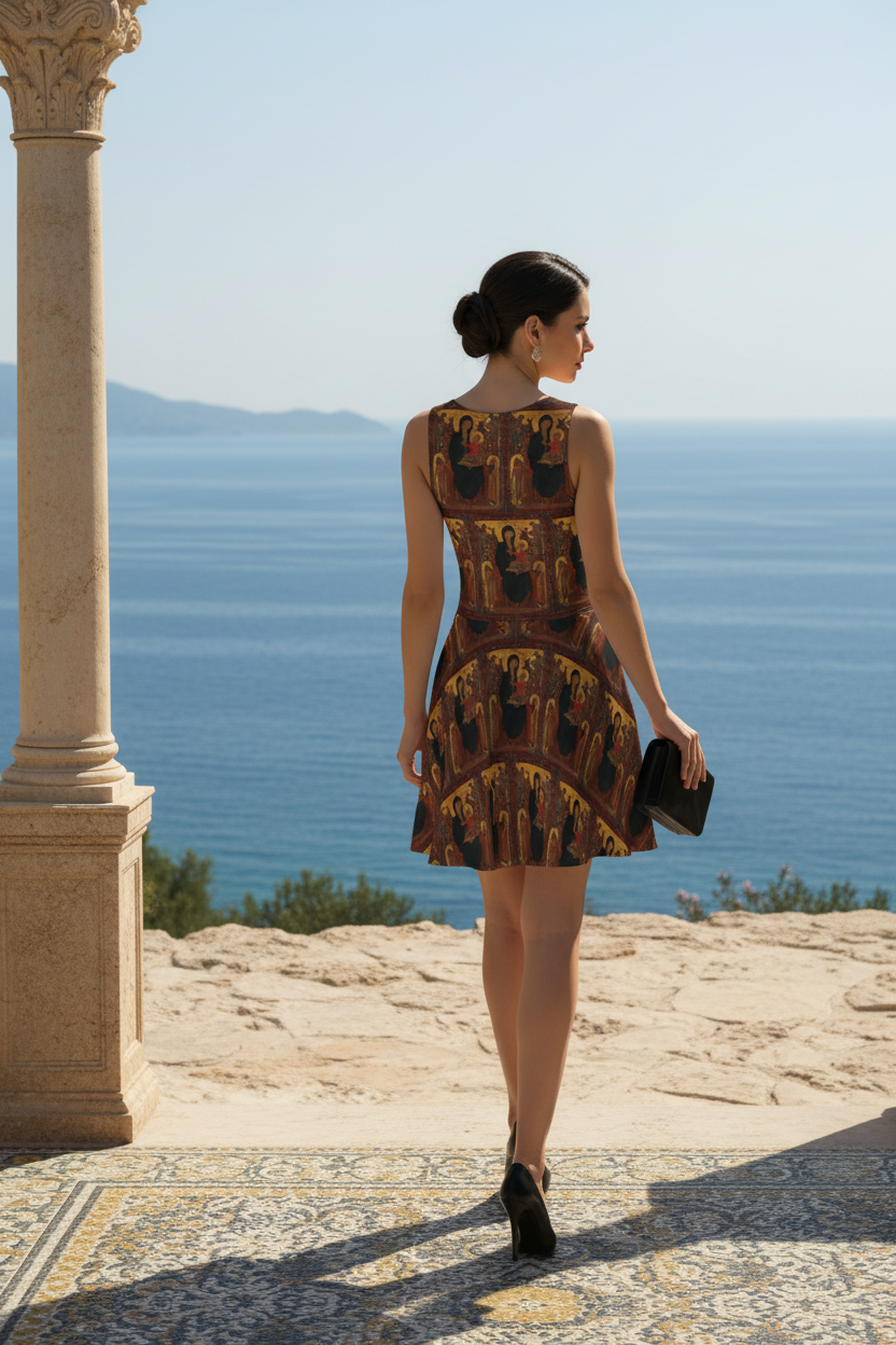 Model back view on Renaissance terrace with Mediterranean sea