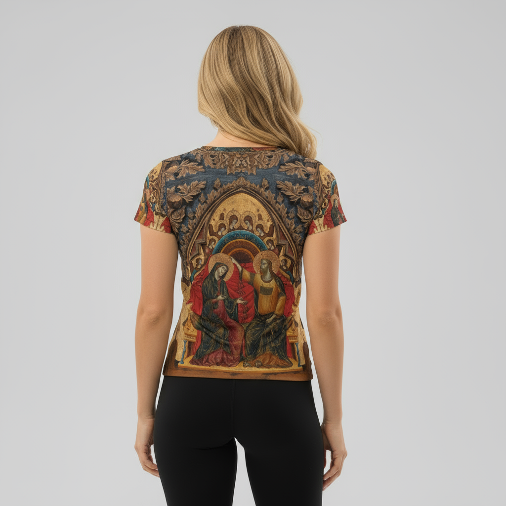 Model back view wearing all-over print t-shirt