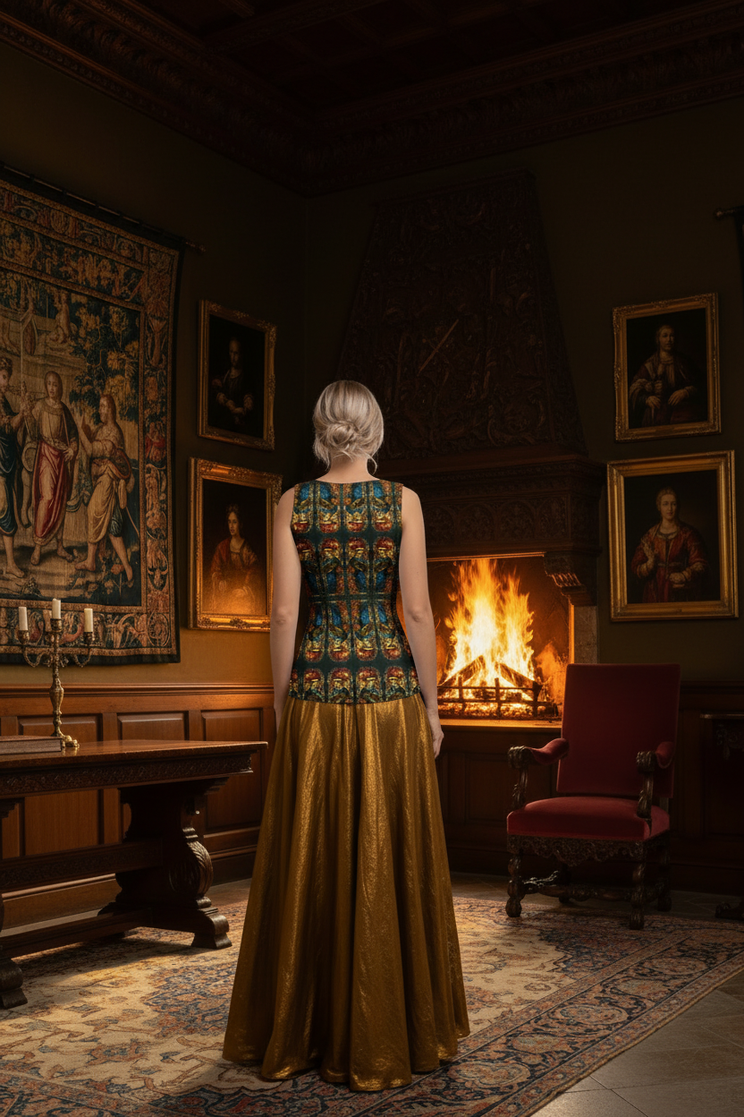 Model back view with roaring fireplace