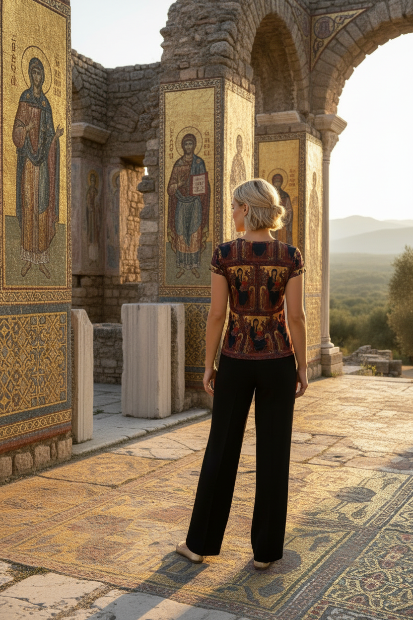 Model back view with shirt completely untucked over pants