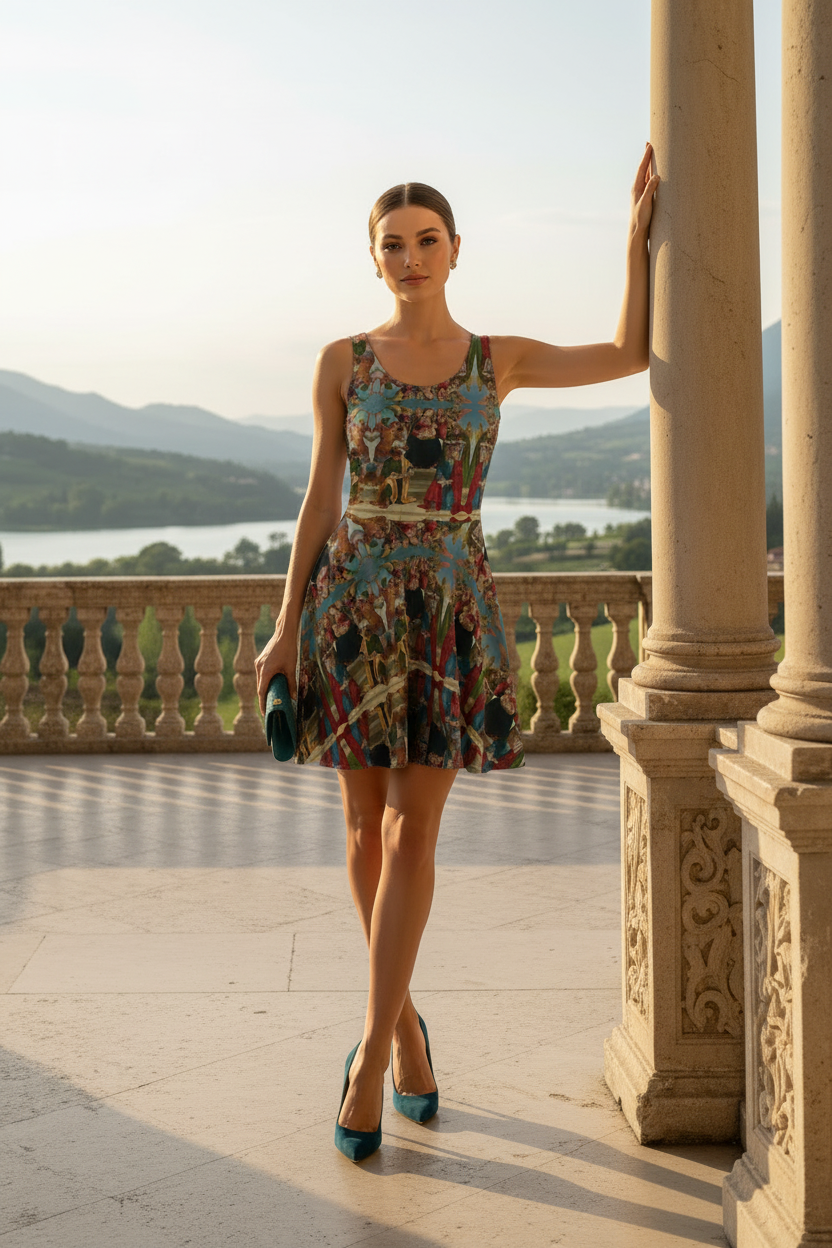 Model clearly leaning against column in Madonna and Child dress