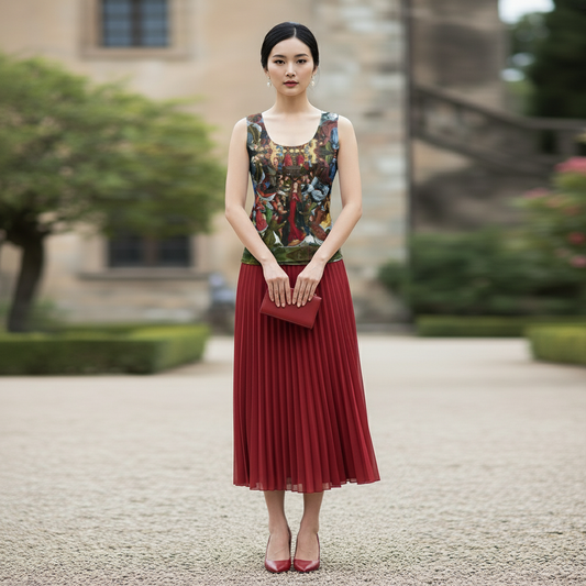 Model directly facing camera with hair up and pleated skirt