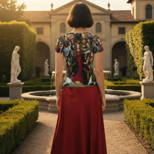 Model from back showing shirt with red skirt