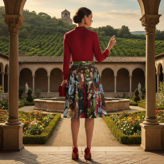 Model from behind showing back of skirt in Renaissance courtyard