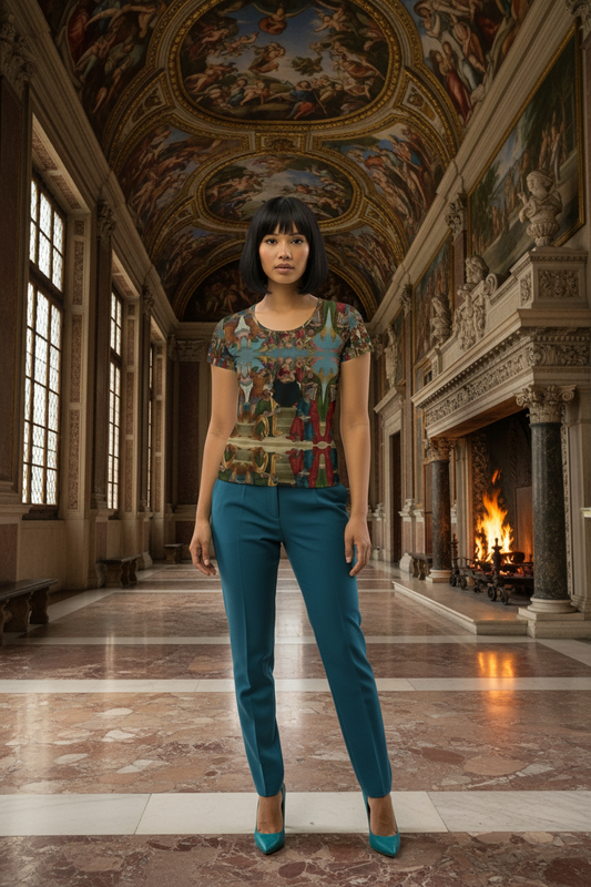 Model front view in new Renaissance palace with fireplace