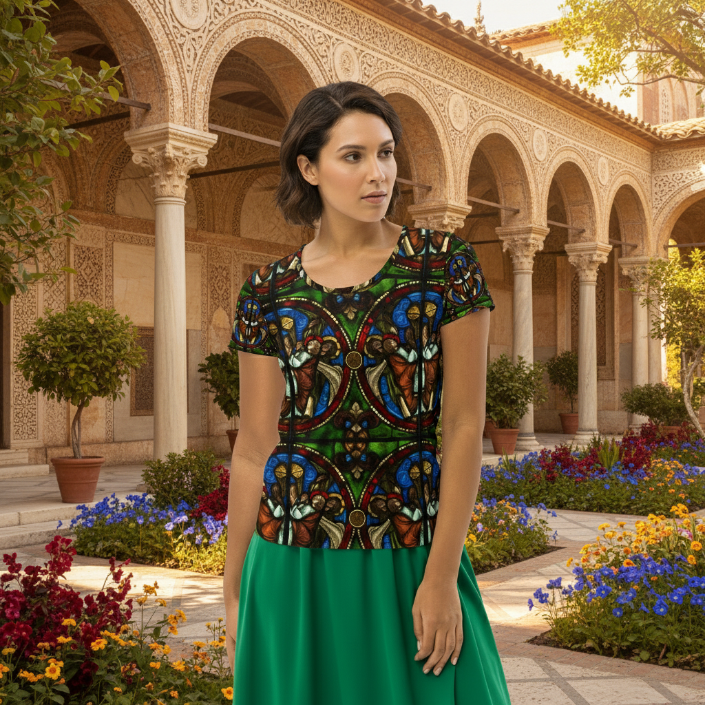 Model in Byzantine garden wearing shirt and green skirt