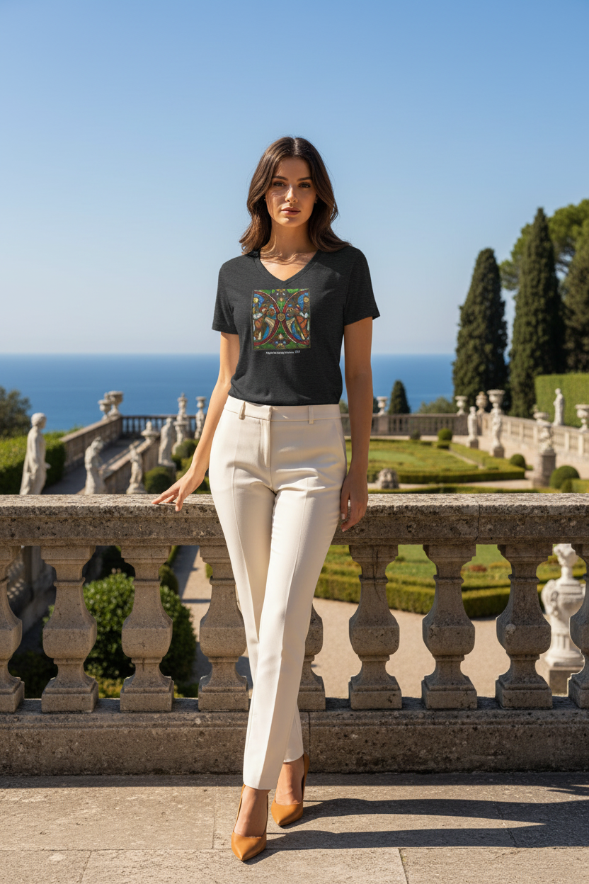 Model in dark grey heather tee with slacks and tan heels at palace grounds