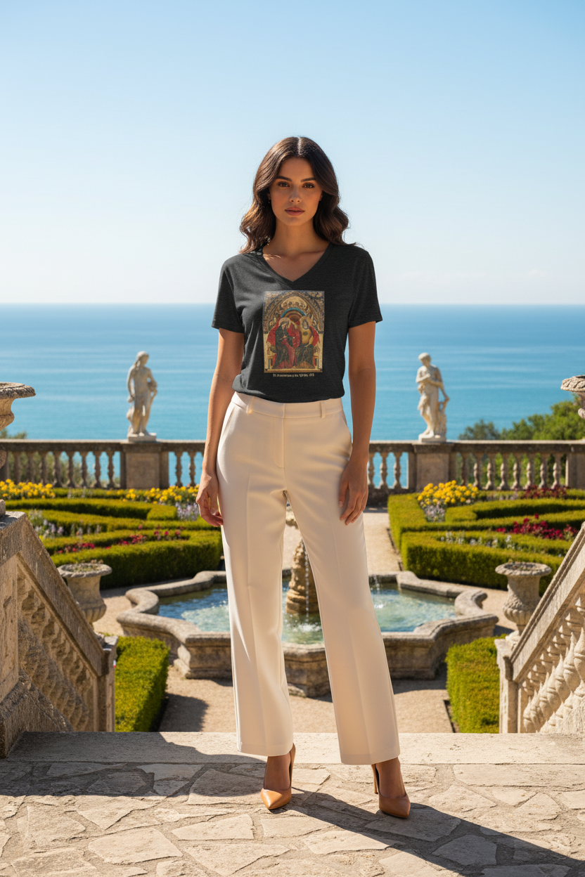 Model in dark grey heather tee with slacks and tan heels in oceanfront Renaissance garden