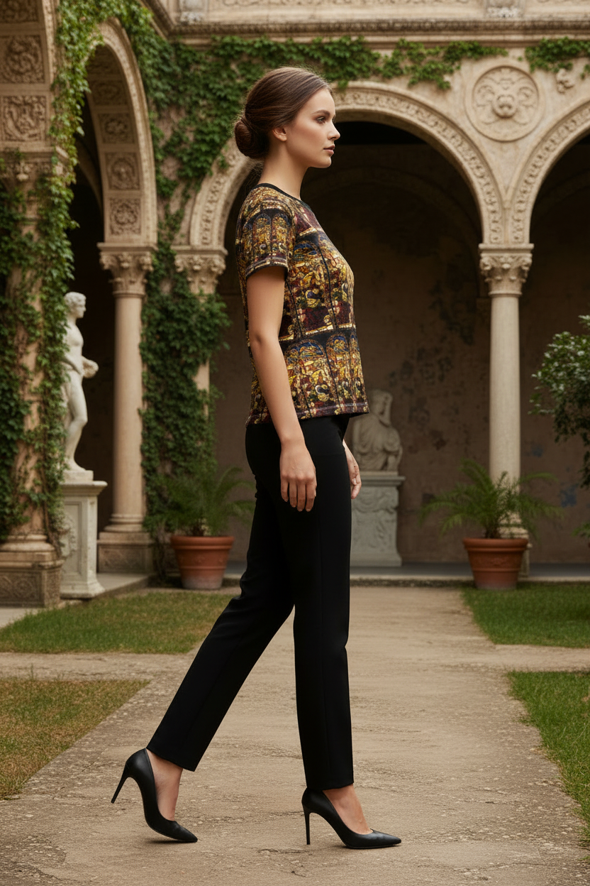 Model in different side view wearing Angel of the Annunciation t-shirt
