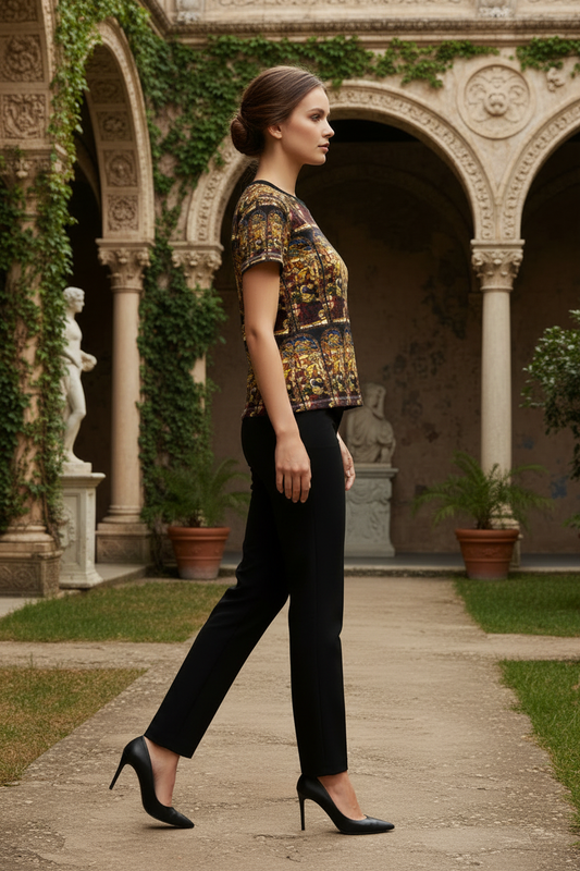 Model in different side view wearing Angel of the Annunciation t-shirt